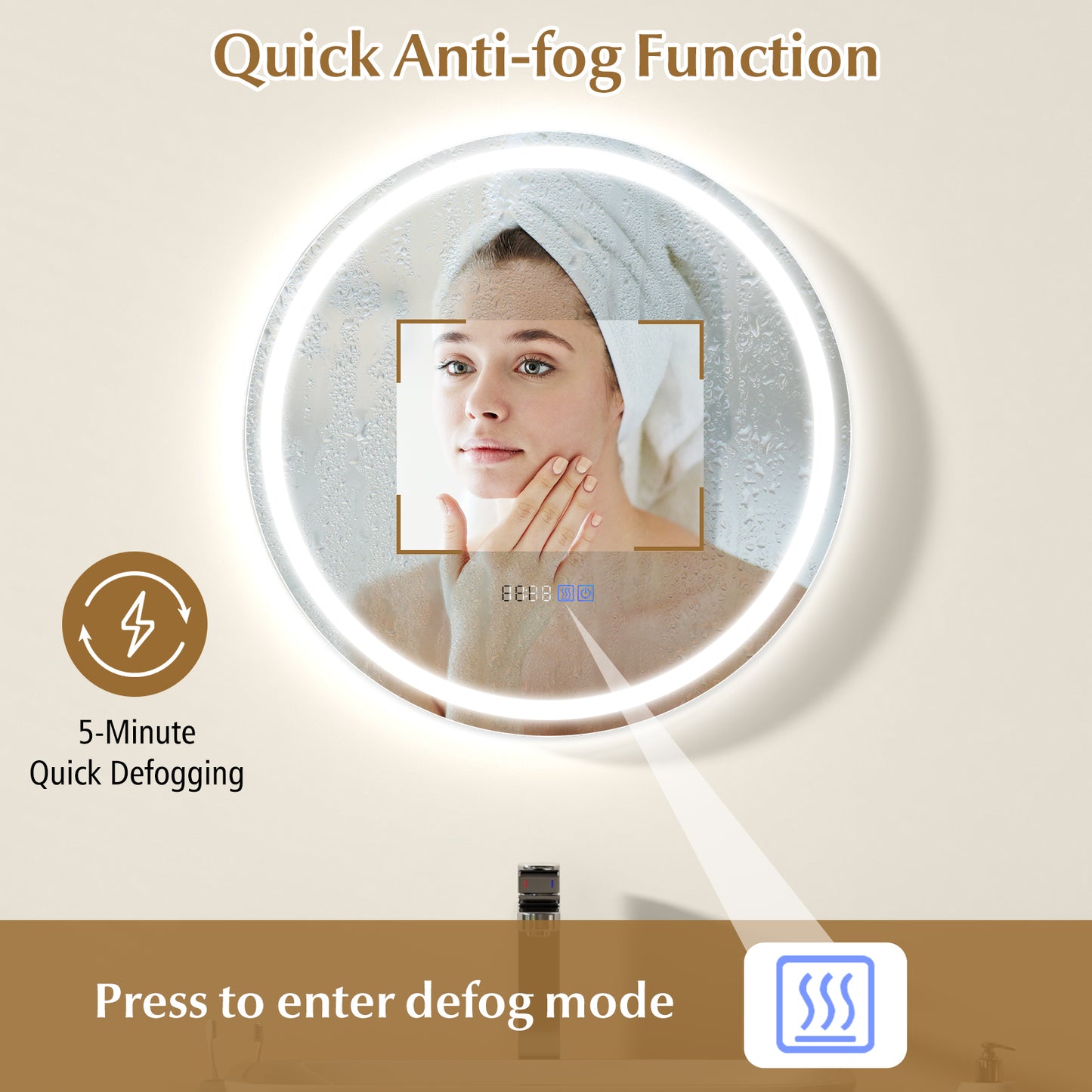 24 Inch Anti-Fog Bathroom Wall Mirror with 3-Color LED Lights and Temperature Display Kids Crystal