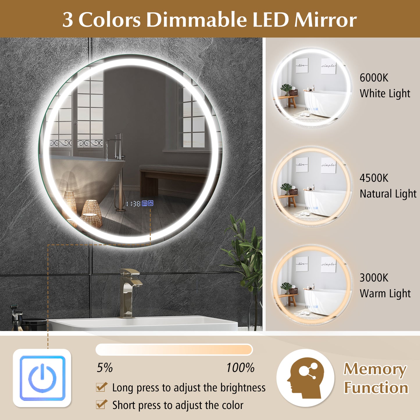 24 Inch Anti-Fog Bathroom Wall Mirror with 3-Color LED Lights and Temperature Display Kids Crystal