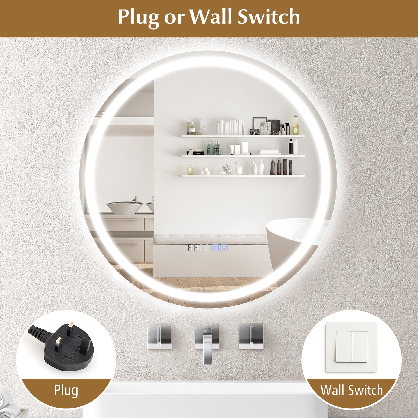 24 Inch Anti-Fog Bathroom Wall Mirror with 3-Color LED Lights and Temperature Display Kids Crystal