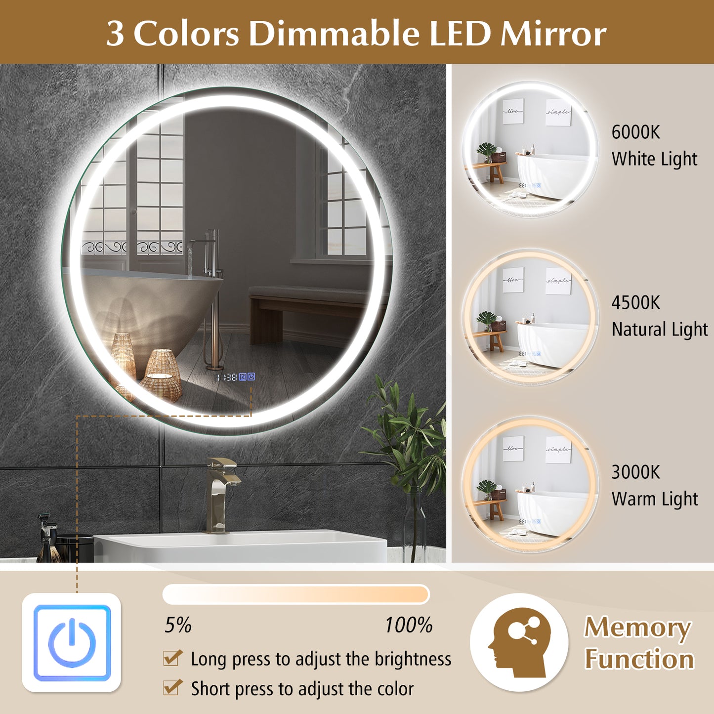 32 Inch Anti-Fog Bathroom Wall Mirror with 3-Color LED Lights Kids Crystal