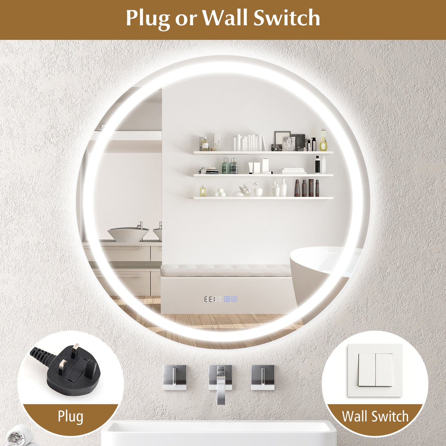 32 Inch Anti-Fog Bathroom Wall Mirror with 3-Color LED Lights Kids Crystal