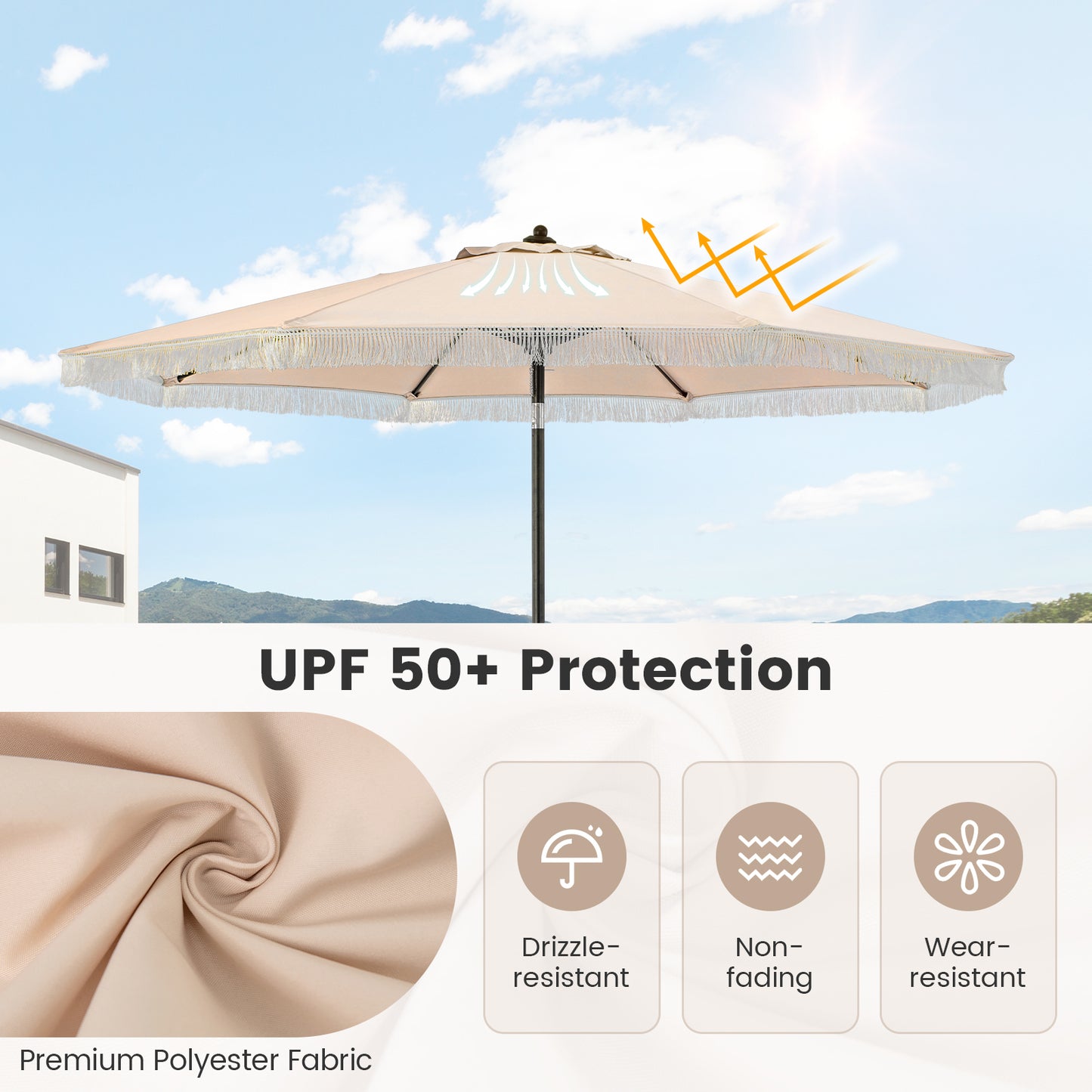 9 FT Patio Umbrella with Sun-Protective Canopy for Patio Garden Pool-Beige Kids Crystal