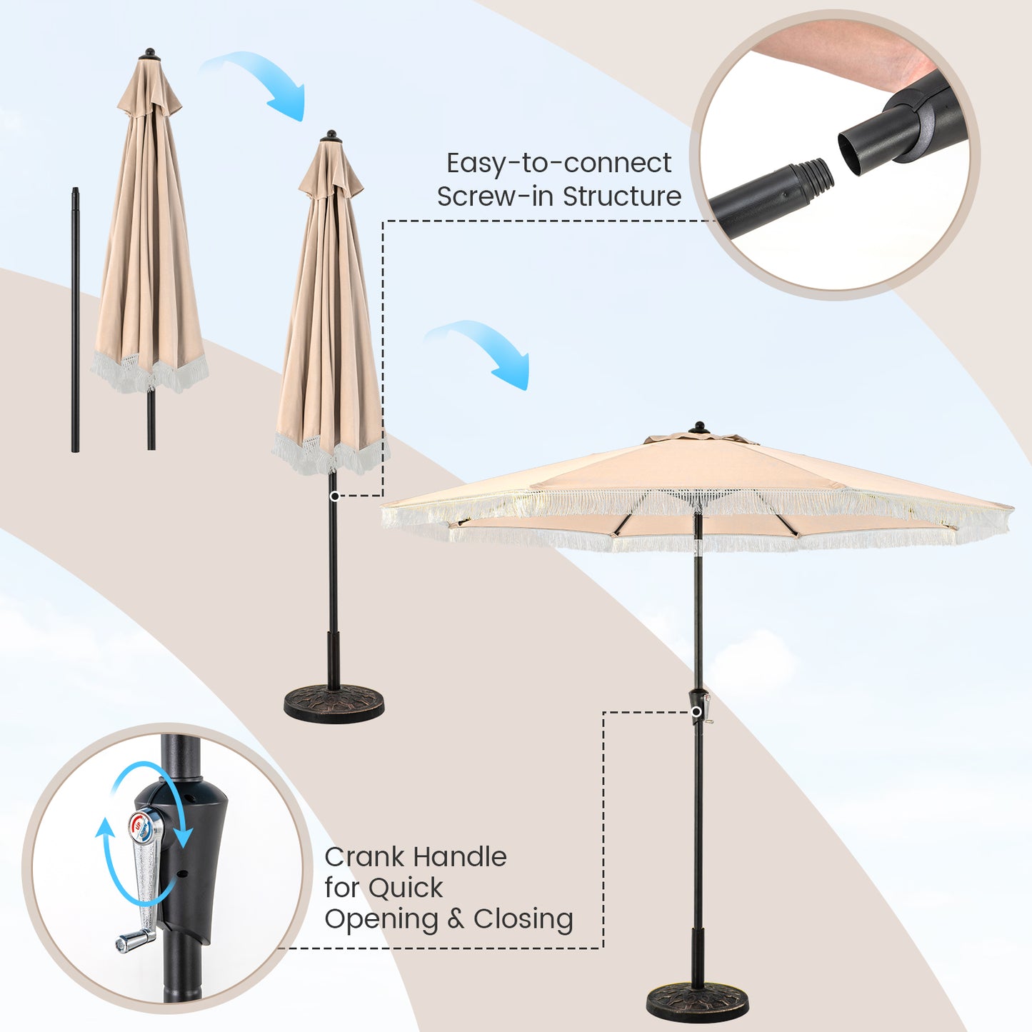 9 FT Patio Umbrella with Sun-Protective Canopy for Patio Garden Pool-Beige Kids Crystal