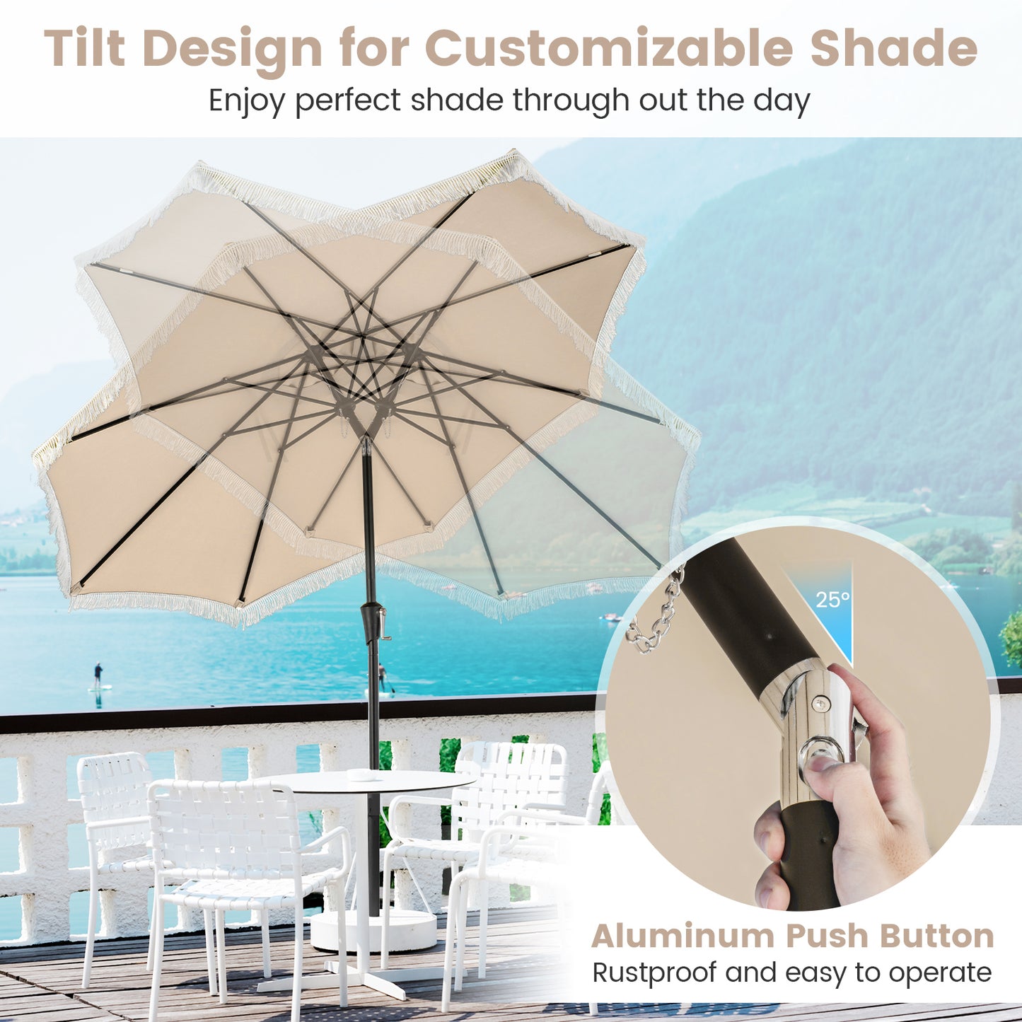 9 FT Patio Umbrella with Sun-Protective Canopy for Patio Garden Pool-Beige Kids Crystal