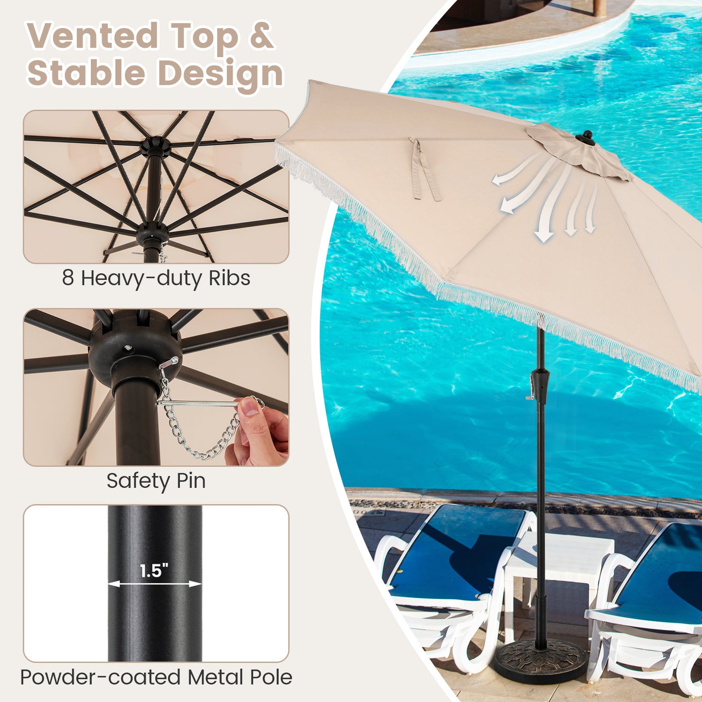 9 FT Patio Umbrella with Sun-Protective Canopy for Patio Garden Pool-Beige Kids Crystal