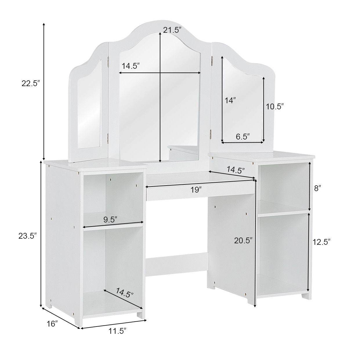Kids Tri Folding Mirror Makeup Dressing Vanity Table Set-White Kids Crystal