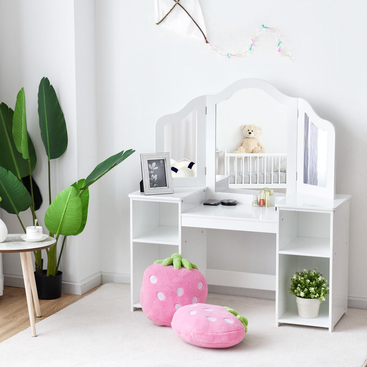 Kids Tri Folding Mirror Makeup Dressing Vanity Table Set-White Kids Crystal