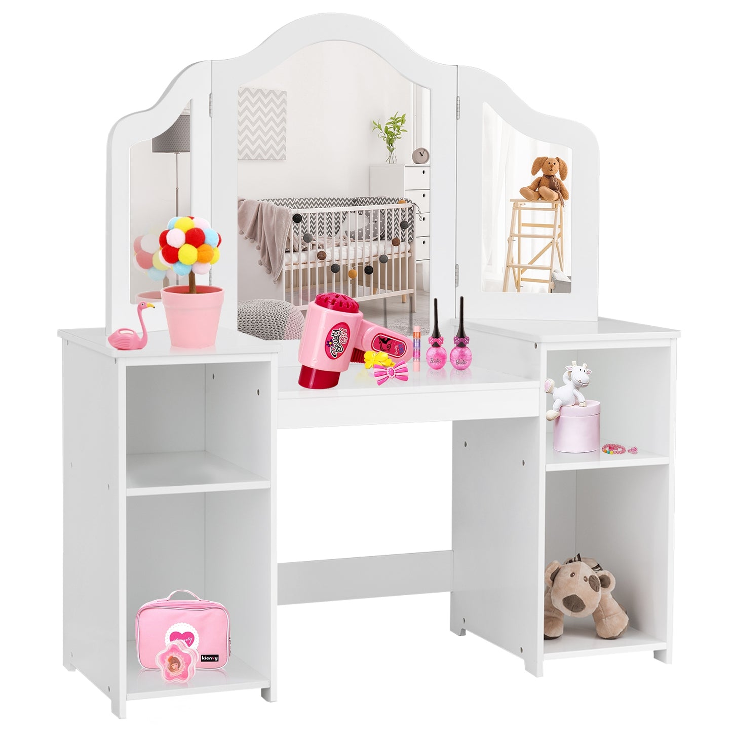 Kids Tri Folding Mirror Makeup Dressing Vanity Table Set-White Kids Crystal
