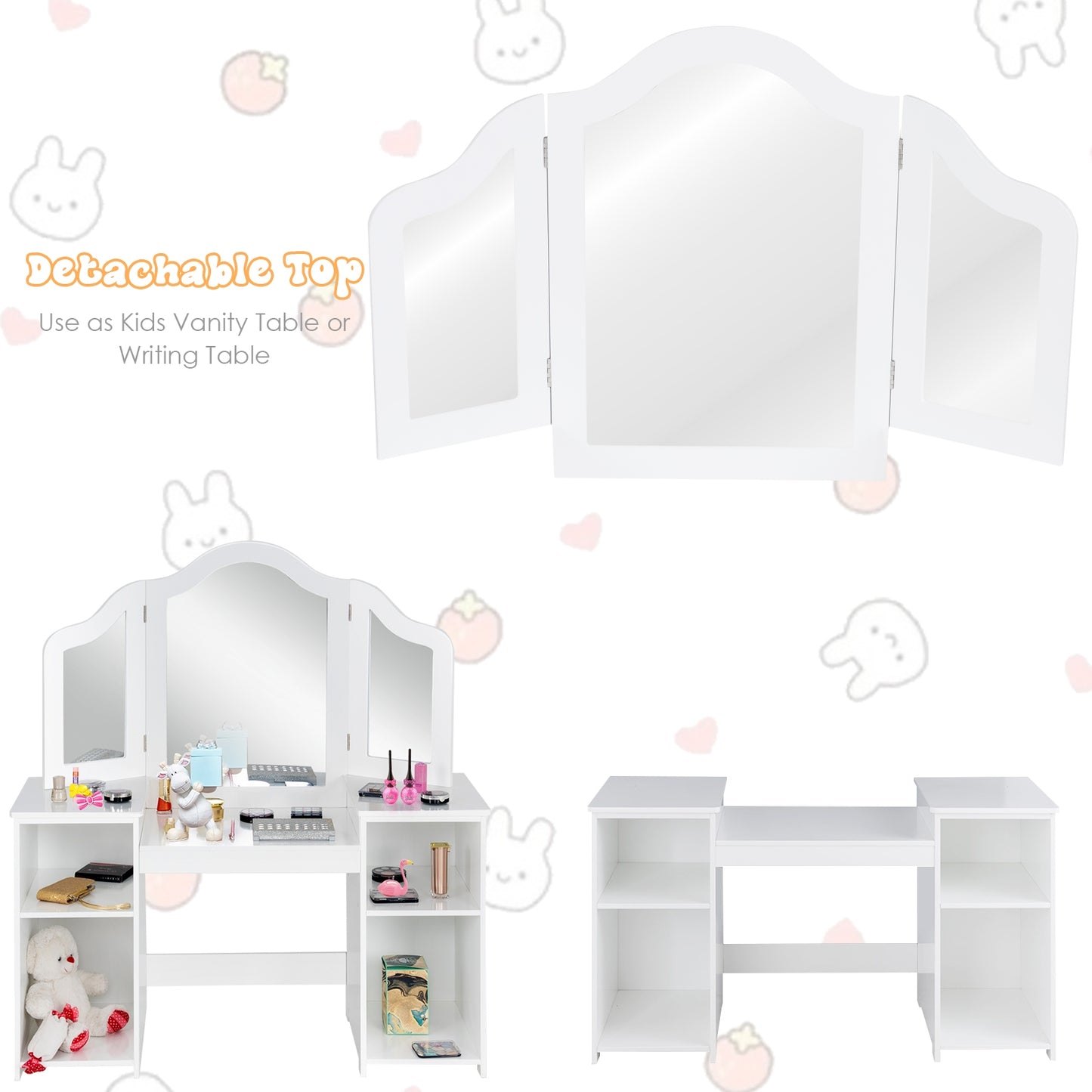 Kids Tri Folding Mirror Makeup Dressing Vanity Table Set-White Kids Crystal