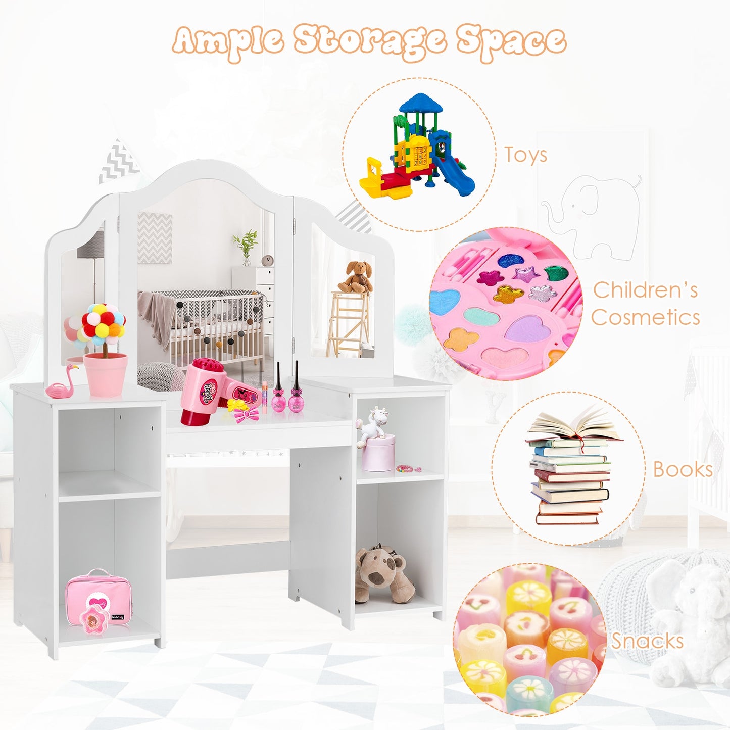 Kids Tri Folding Mirror Makeup Dressing Vanity Table Set-White Kids Crystal