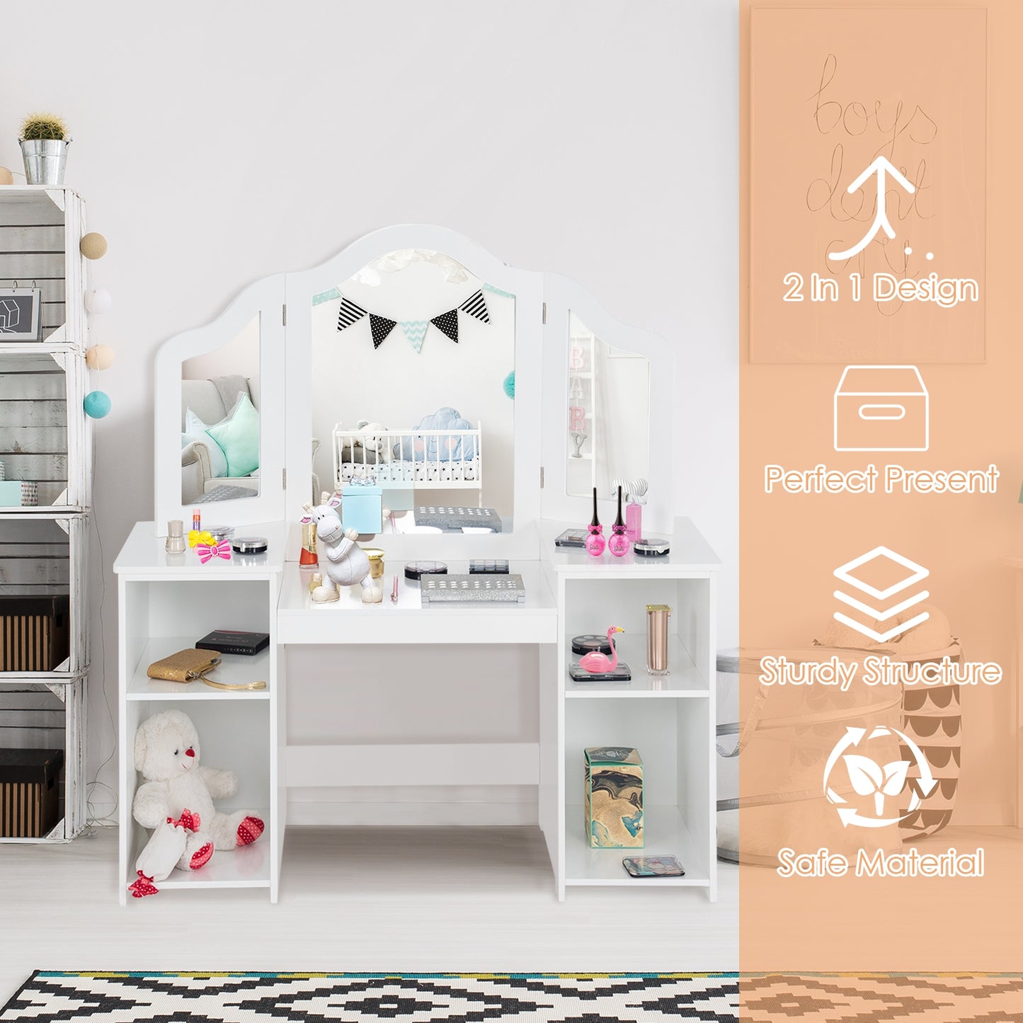 Kids Tri Folding Mirror Makeup Dressing Vanity Table Set-White Kids Crystal