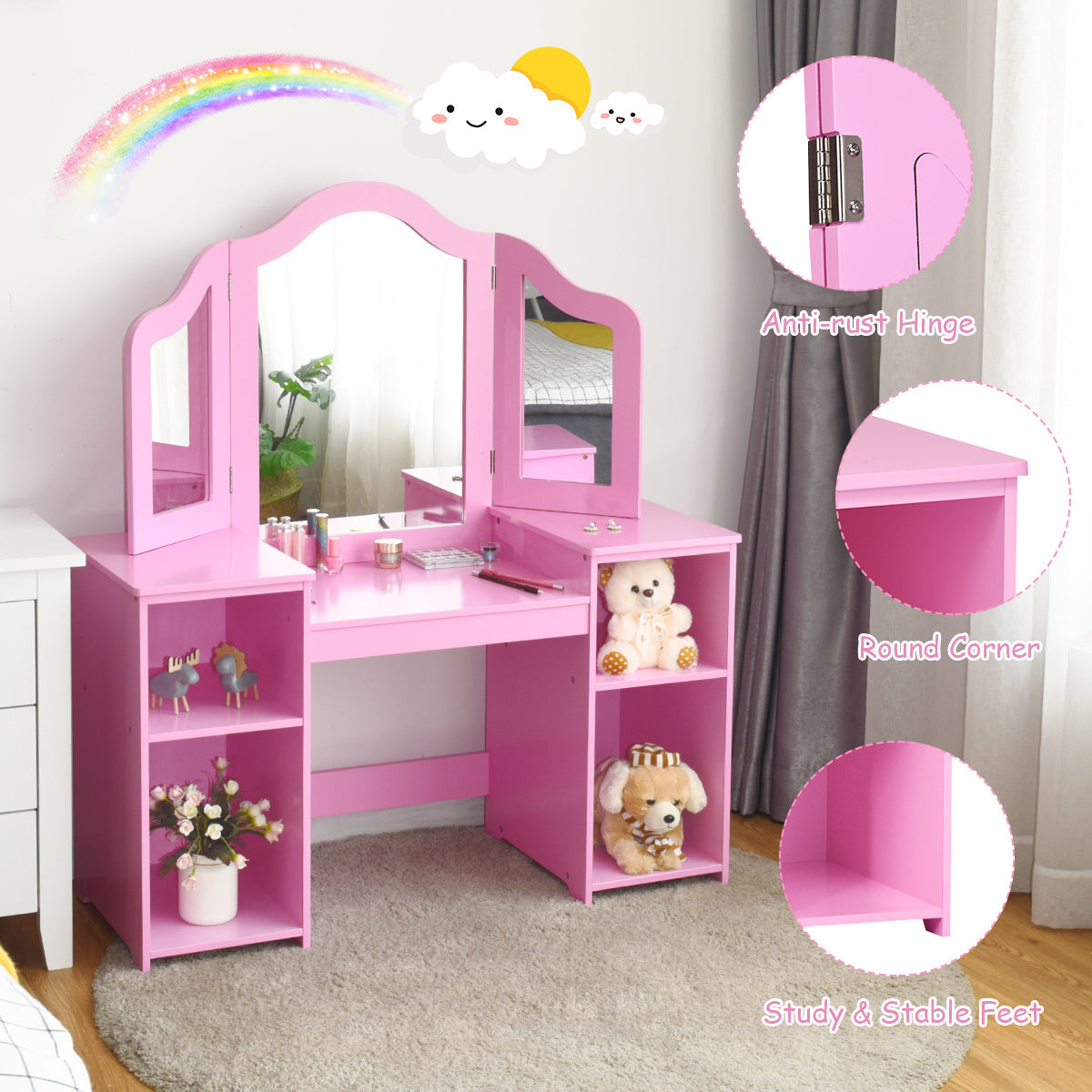Kids Tri Folding Mirror Makeup Dressing Vanity Table Set-Pink Kids Crystal