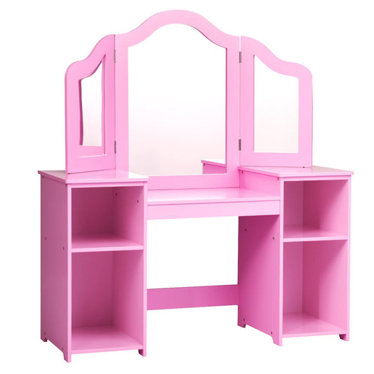 Kids Tri Folding Mirror Makeup Dressing Vanity Table Set-Pink Kids Crystal