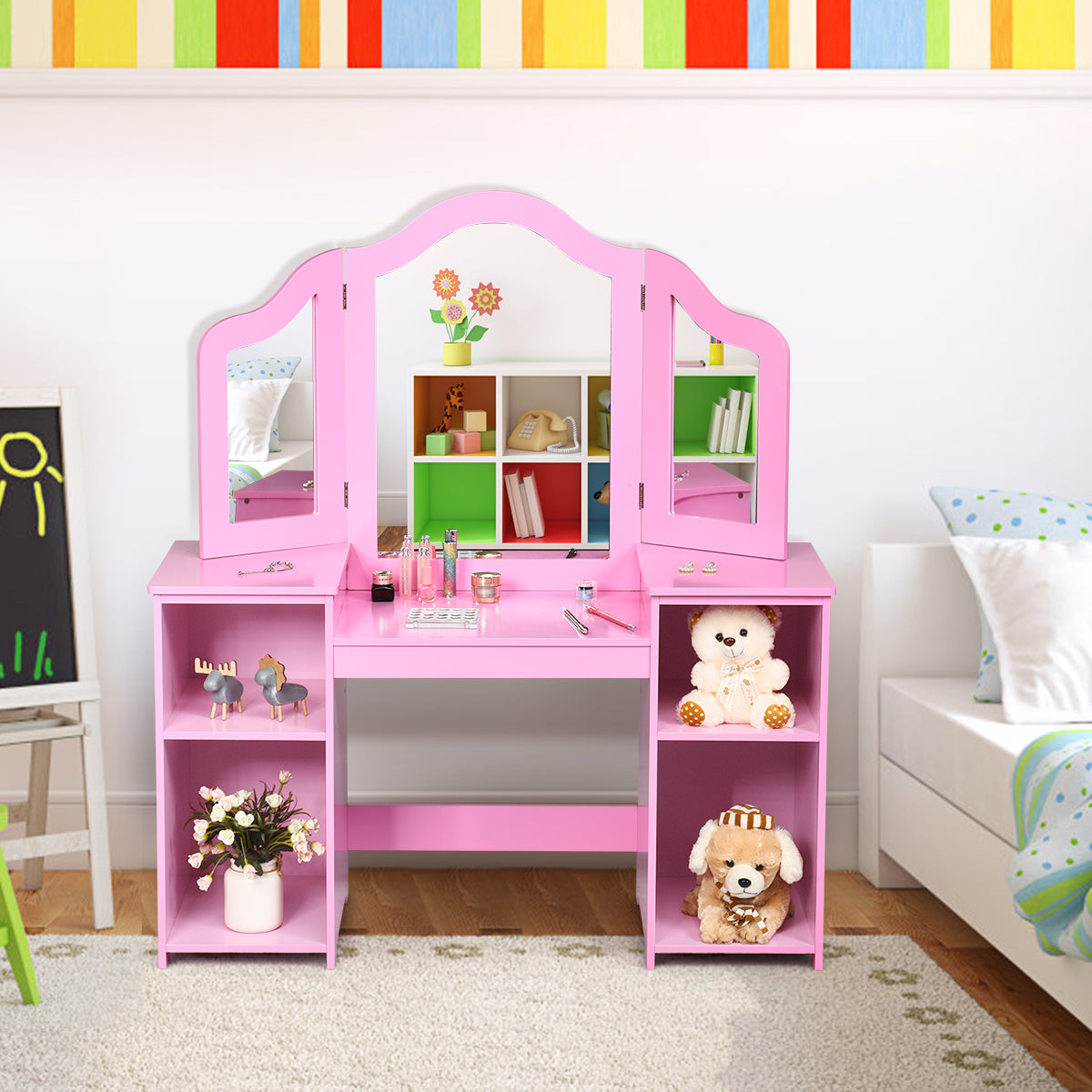 Kids Tri Folding Mirror Makeup Dressing Vanity Table Set-Pink Kids Crystal