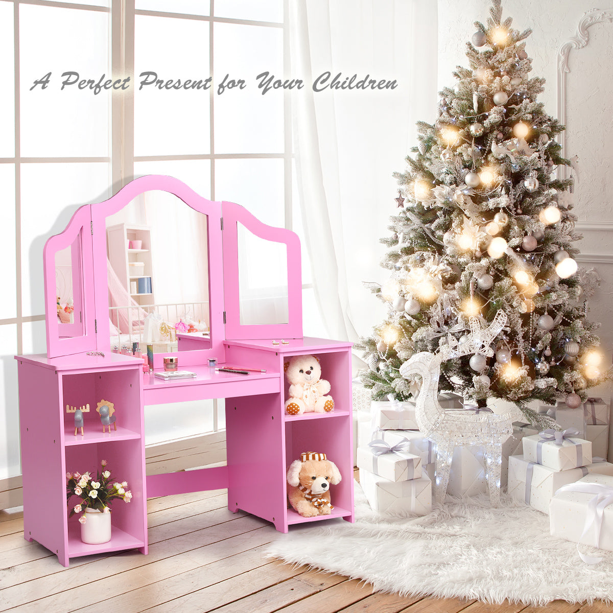 Kids Tri Folding Mirror Makeup Dressing Vanity Table Set-Pink Kids Crystal