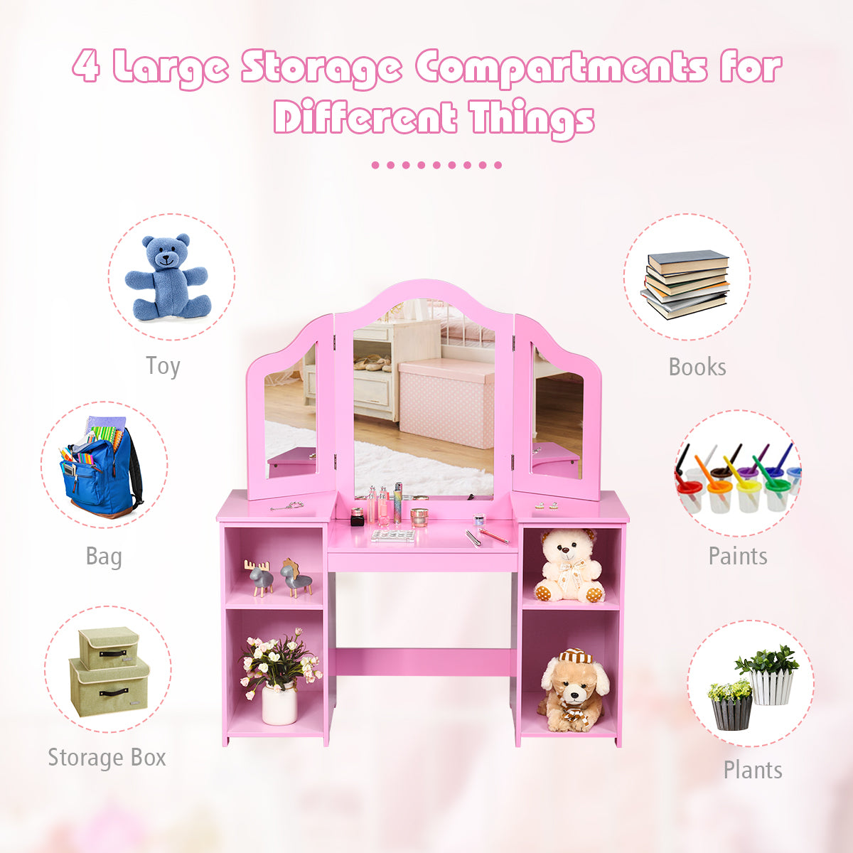 Kids Tri Folding Mirror Makeup Dressing Vanity Table Set-Pink Kids Crystal