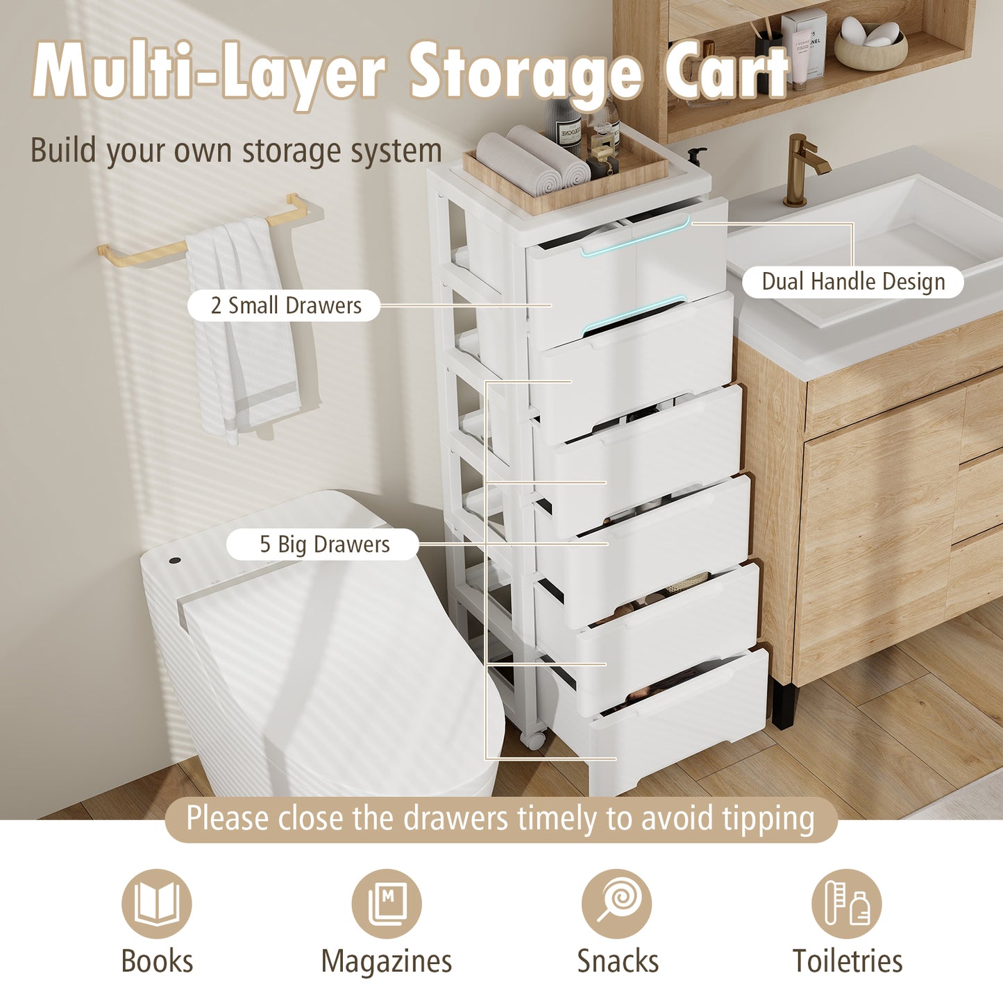 Rolling Storage Cabinet with Universal Wheels and 5/6/7 Drawers-7-Drawer Kids Crystal