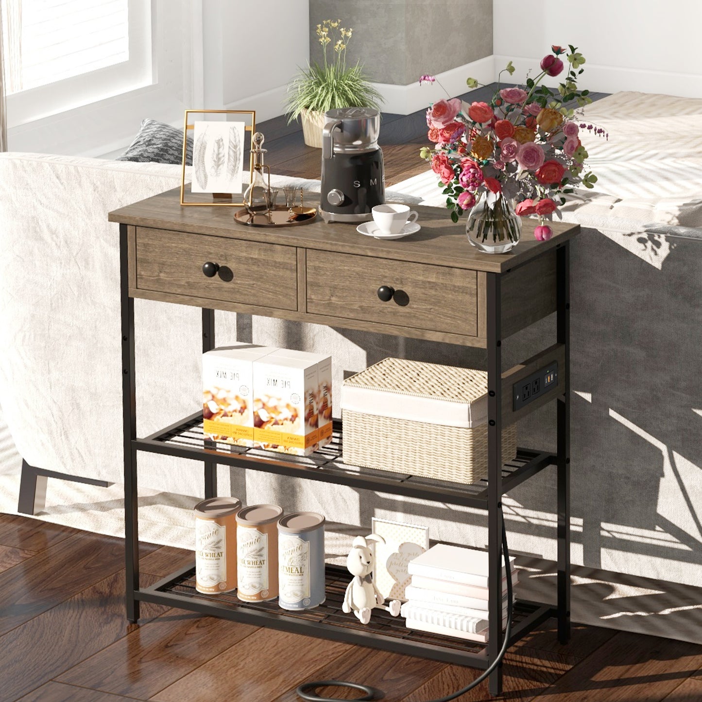 Narrow Console Table with 2 Drawers and 2 Metal Mesh Shelves-Gray Kids Crystal
