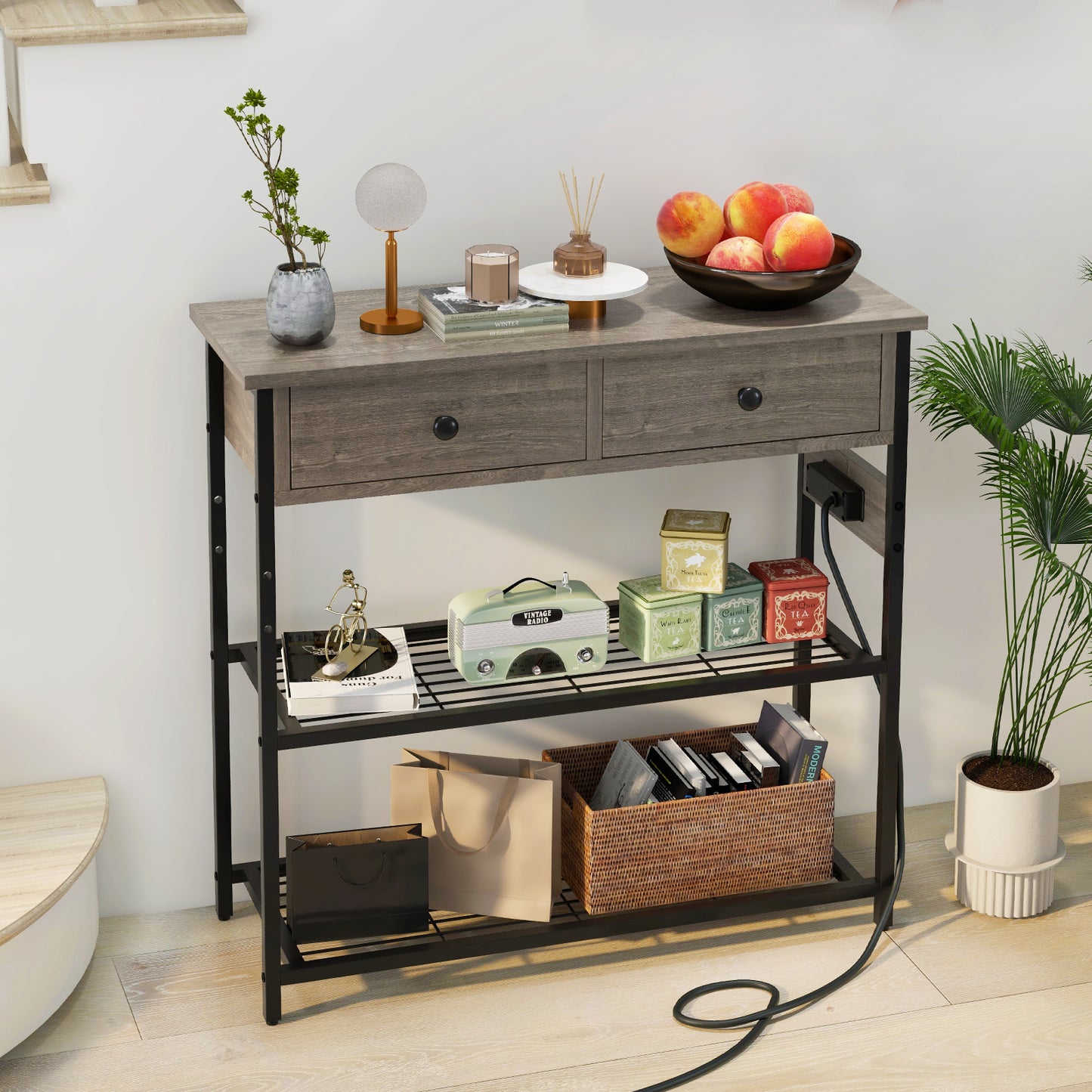 Narrow Console Table with 2 Drawers and 2 Metal Mesh Shelves-Gray Kids Crystal