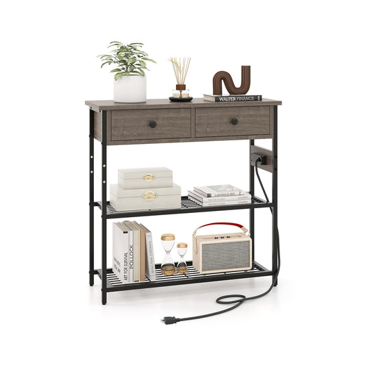 Narrow Console Table with 2 Drawers and 2 Metal Mesh Shelves-Gray Kids Crystal