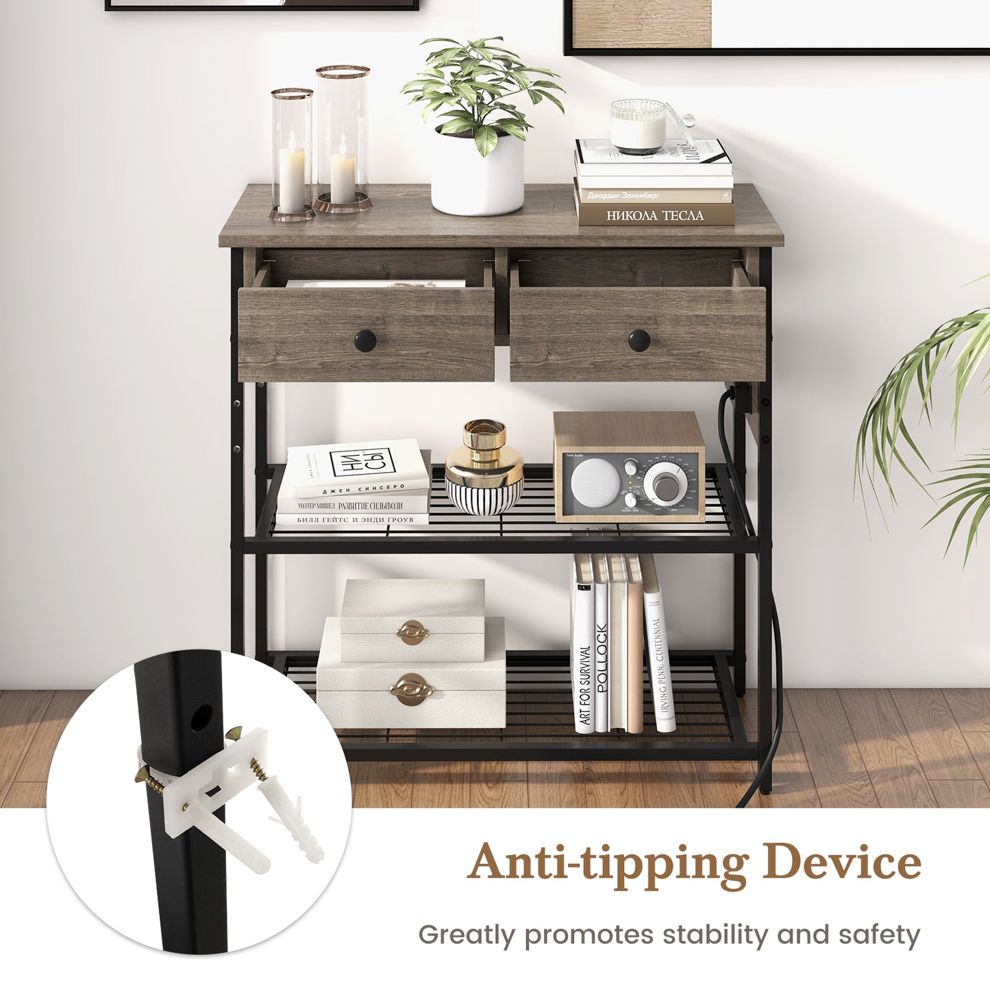 Narrow Console Table with 2 Drawers and 2 Metal Mesh Shelves-Gray Kids Crystal