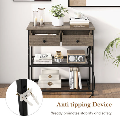 Narrow Console Table with 2 Drawers and 2 Metal Mesh Shelves-Gray