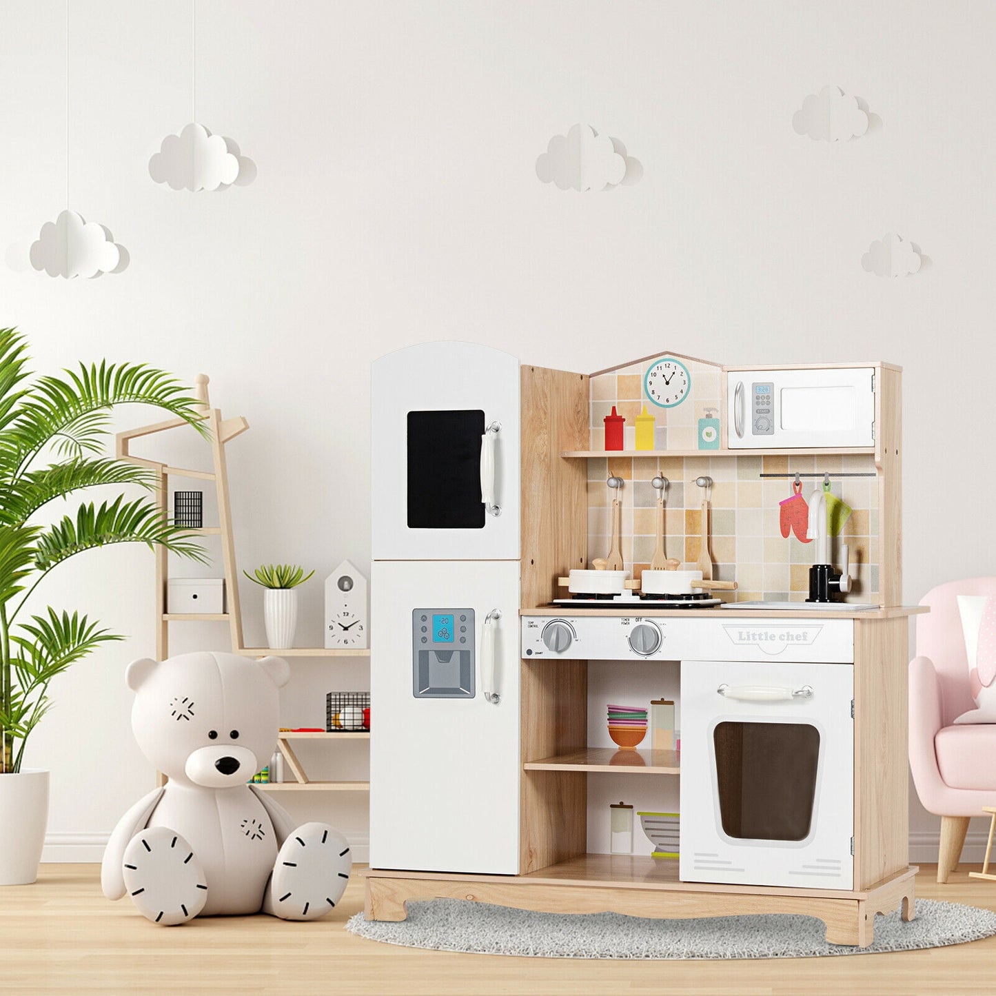 Wooden Kids Pretend Kitchen Playset Cooking Play Toy with Utensils and Sound Kids Crystal