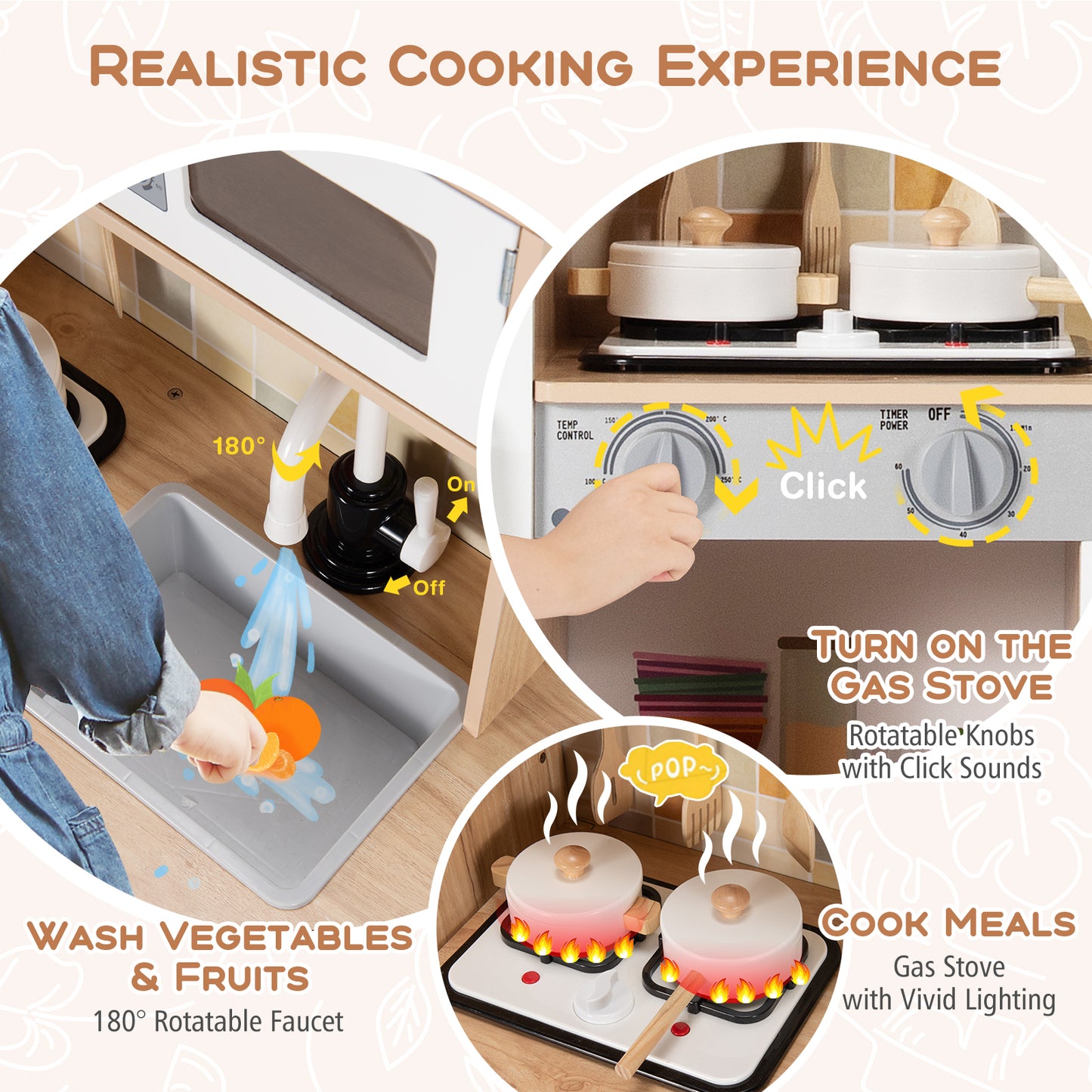 Wooden Kids Pretend Kitchen Playset Cooking Play Toy with Utensils and Sound Kids Crystal