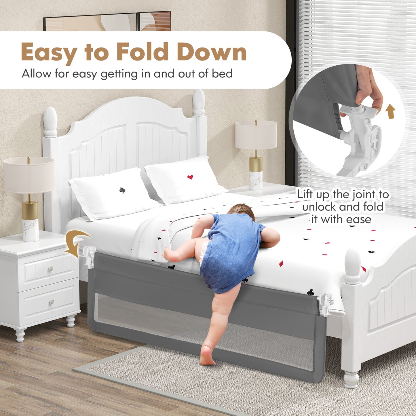 71 Inch Extra Long Swing Down Bed Guardrail with Safety Straps-Gray Kids Crystal