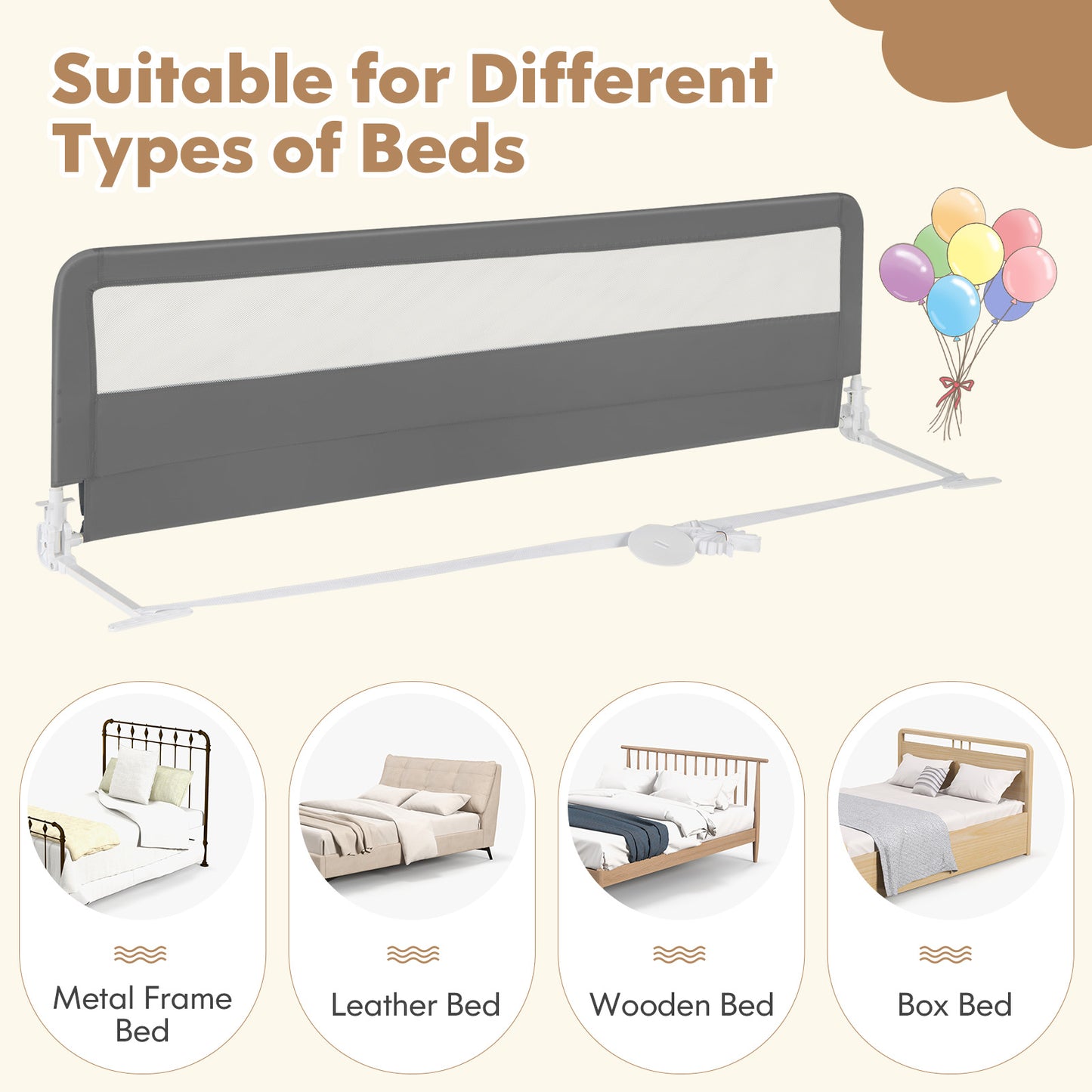 71 Inch Extra Long Swing Down Bed Guardrail with Safety Straps-Gray Kids Crystal