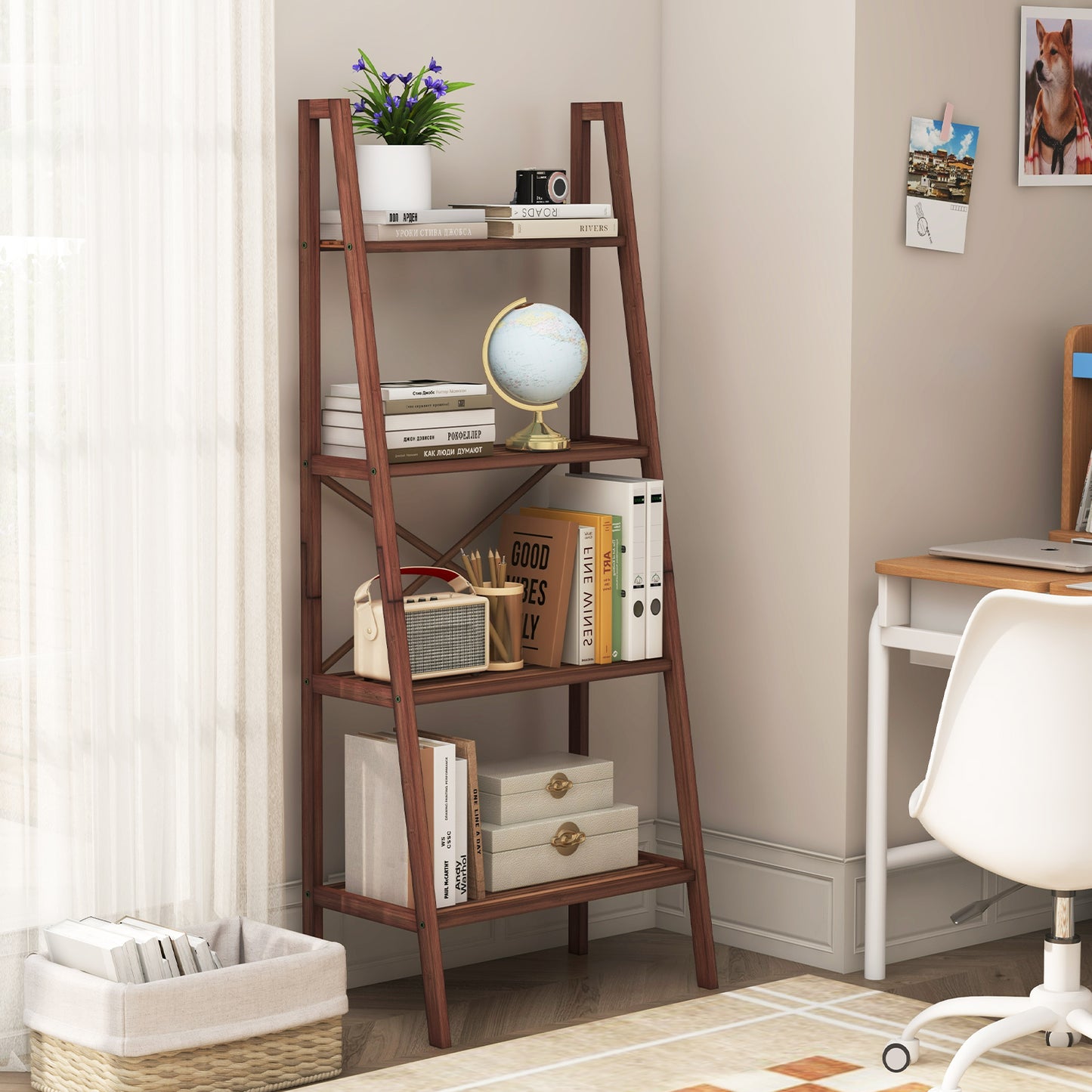 58 Inch 4-Tier Bamboo Ladder Bookshelf-Walnut Kids Crystal