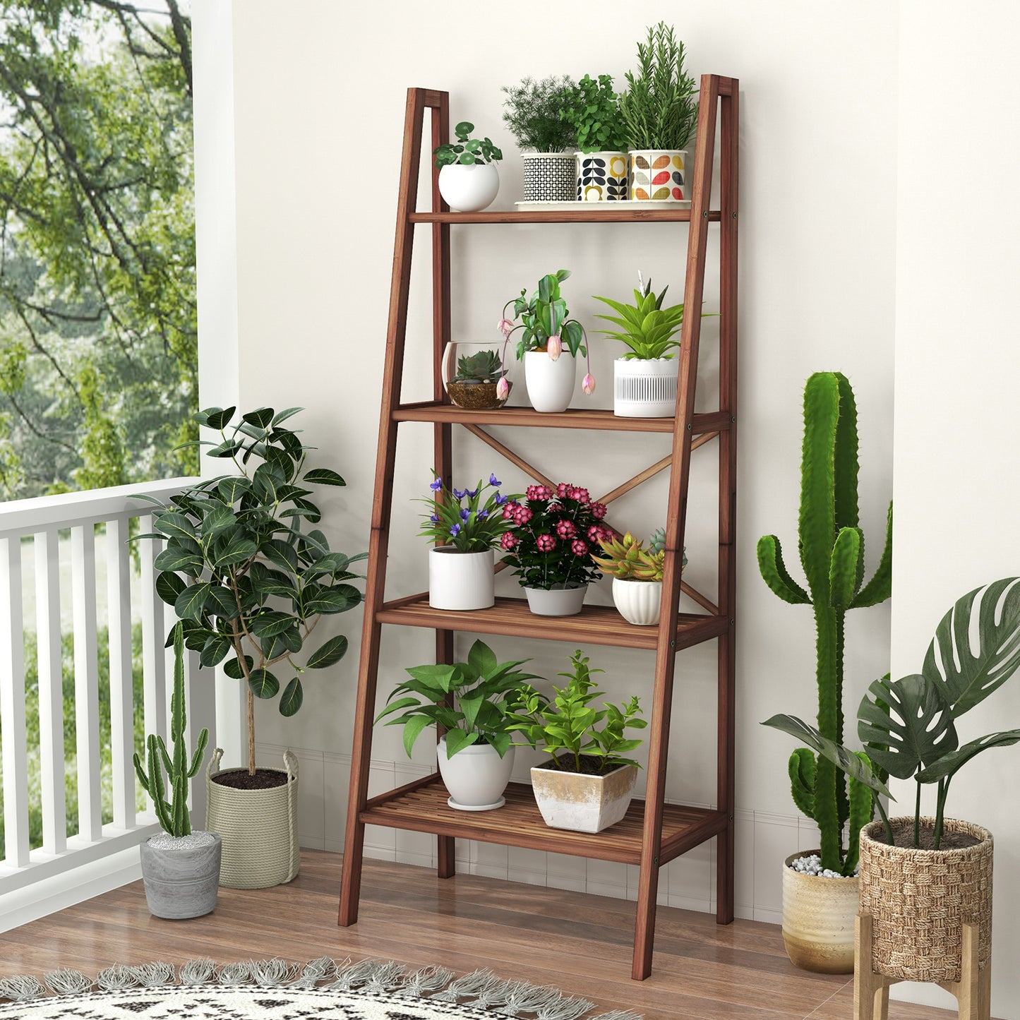 58 Inch 4-Tier Bamboo Ladder Bookshelf-Walnut Kids Crystal