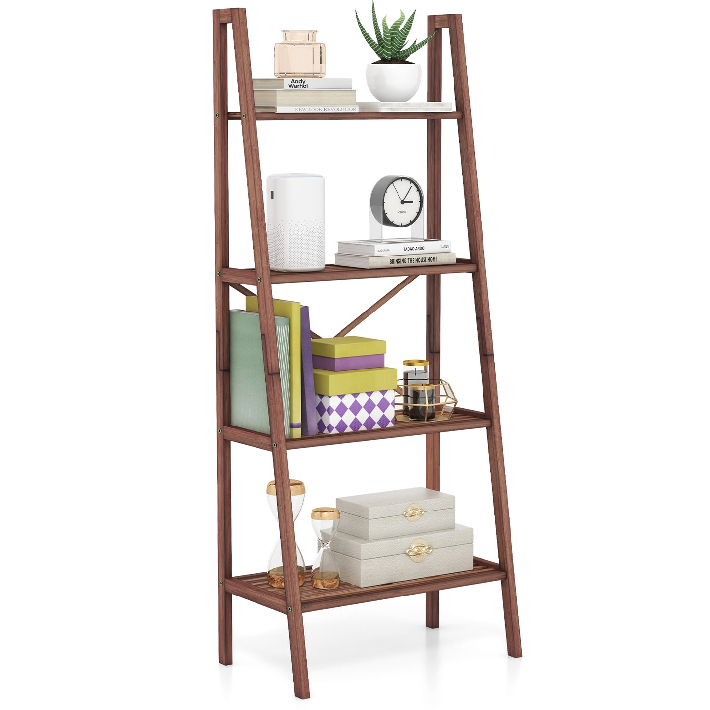 58 Inch 4-Tier Bamboo Ladder Bookshelf-Walnut Kids Crystal