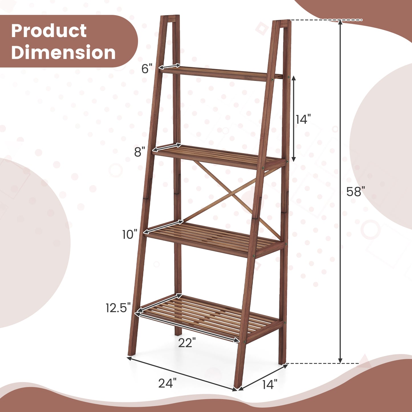 58 Inch 4-Tier Bamboo Ladder Bookshelf-Walnut Kids Crystal