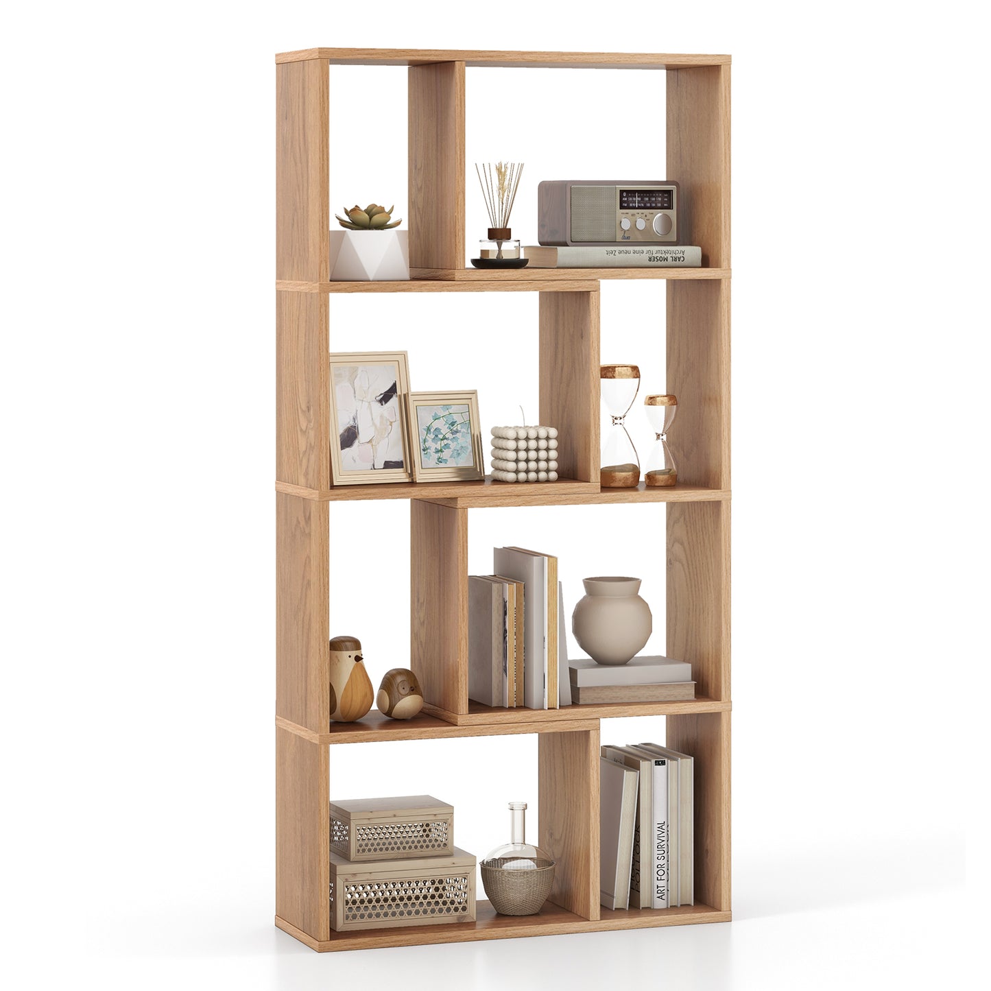 48 Inch 4-Tier Geometric Bookshelf with 8 Cubes for Living Room Bedroom-Natural Kids Crystal