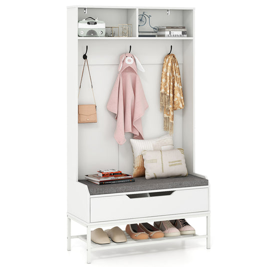 69 Inches Tall Hall Tree 4-in-1 Coat Rack with Seat Cushion and Shoe Storage-White Kids Crystal