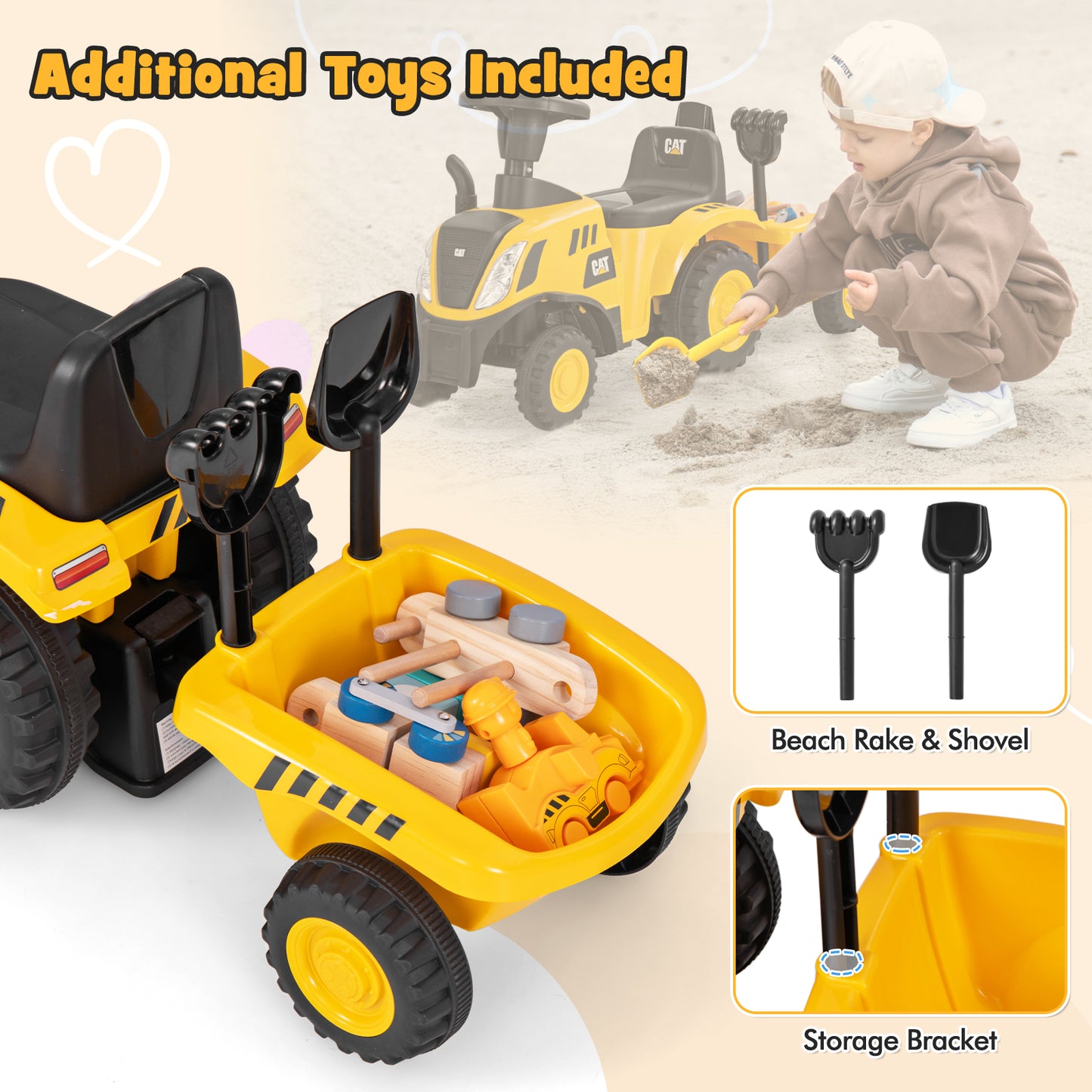 Kids Ride on Tractor Licensed Caterpillar with Detachable Trailer No Power-Yellow Kids Crystal