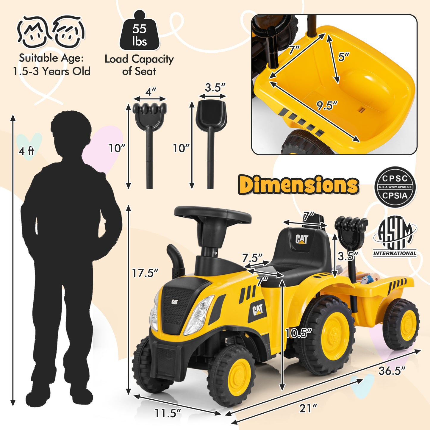 Kids Ride on Tractor Licensed Caterpillar with Detachable Trailer No Power-Yellow Kids Crystal