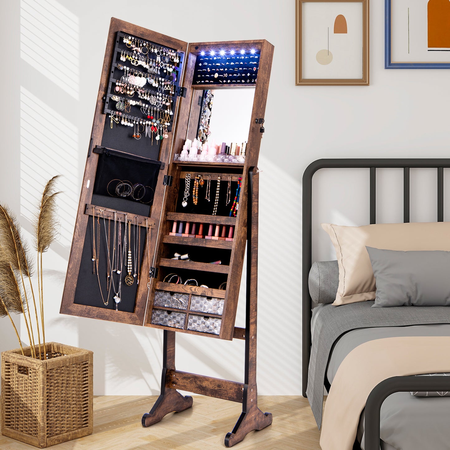 Free Standing Full Length Jewelry Armoire with Lights-Rustic Brown Kids Crystal