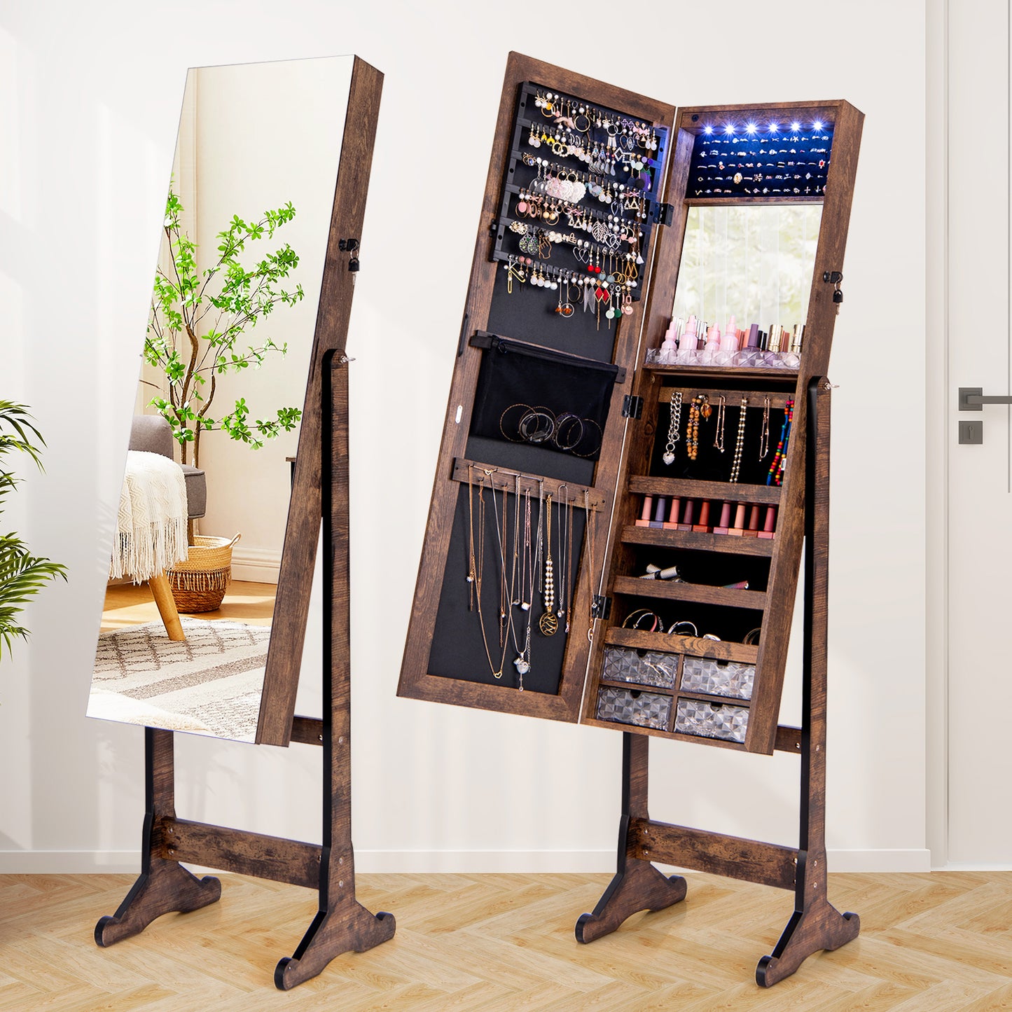 Free Standing Full Length Jewelry Armoire with Lights-Rustic Brown Kids Crystal