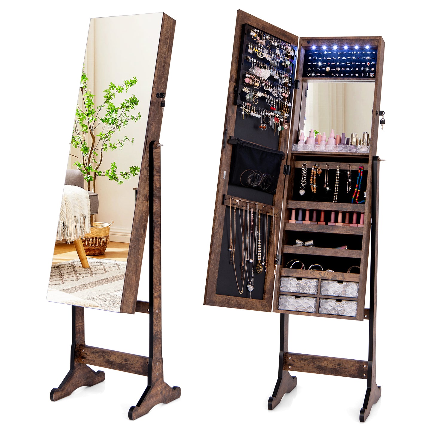 Free Standing Full Length Jewelry Armoire with Lights-Rustic Brown Kids Crystal