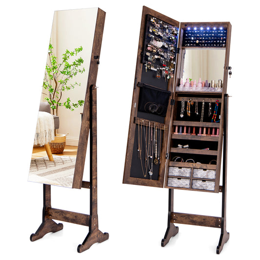 Free Standing Full Length Jewelry Armoire with Lights-Rustic Brown Kids Crystal