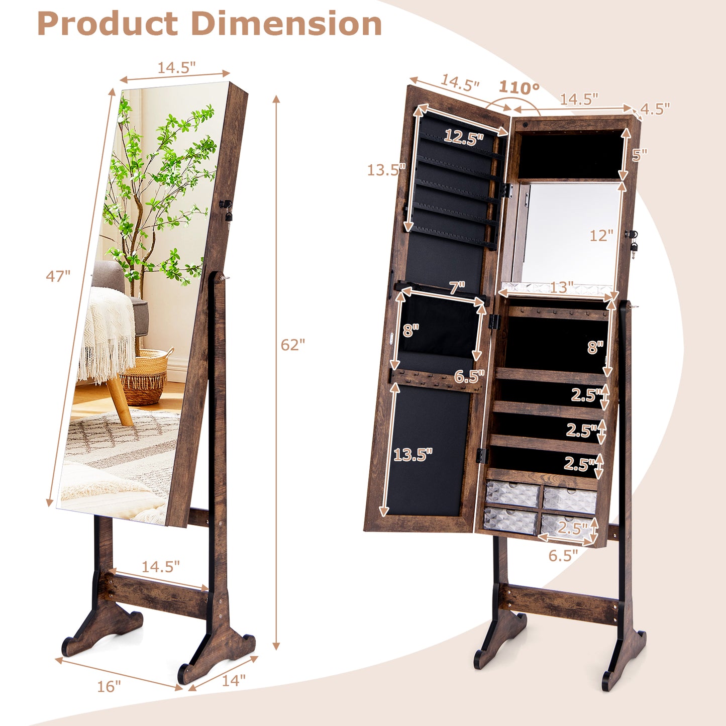Free Standing Full Length Jewelry Armoire with Lights-Rustic Brown Kids Crystal