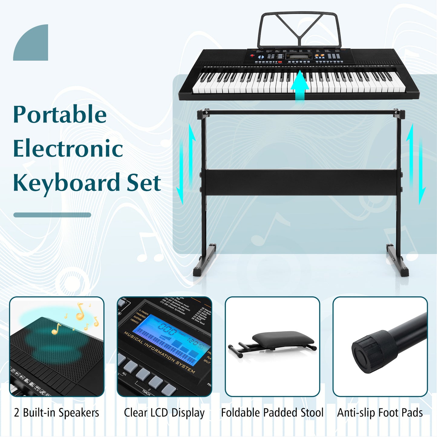 61-Key Electronic Keyboard Piano Starter Set with Stand Bench and Headphones Kids Crystal