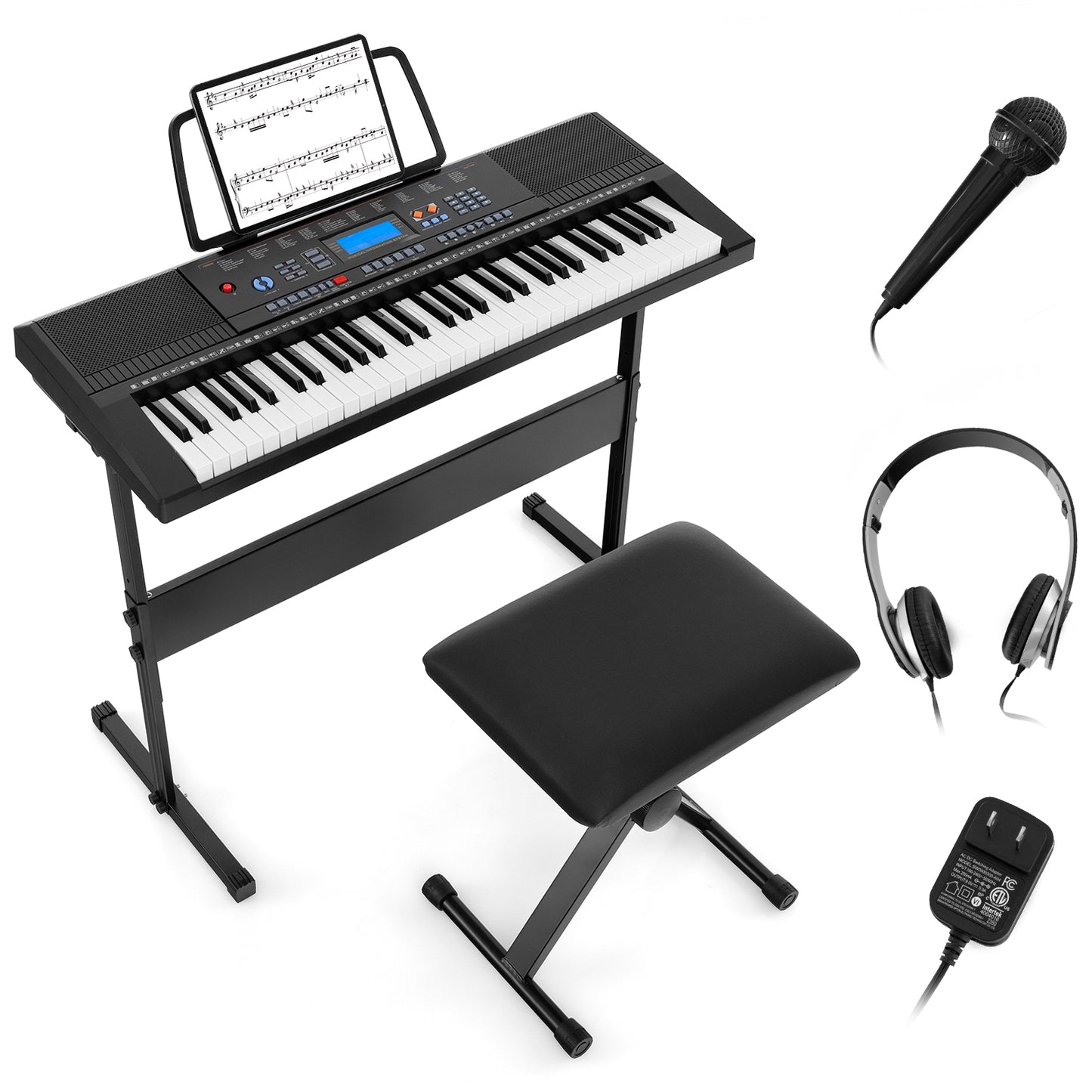 61-Key Electronic Keyboard Piano Starter Set with Stand Bench and Headphones Kids Crystal