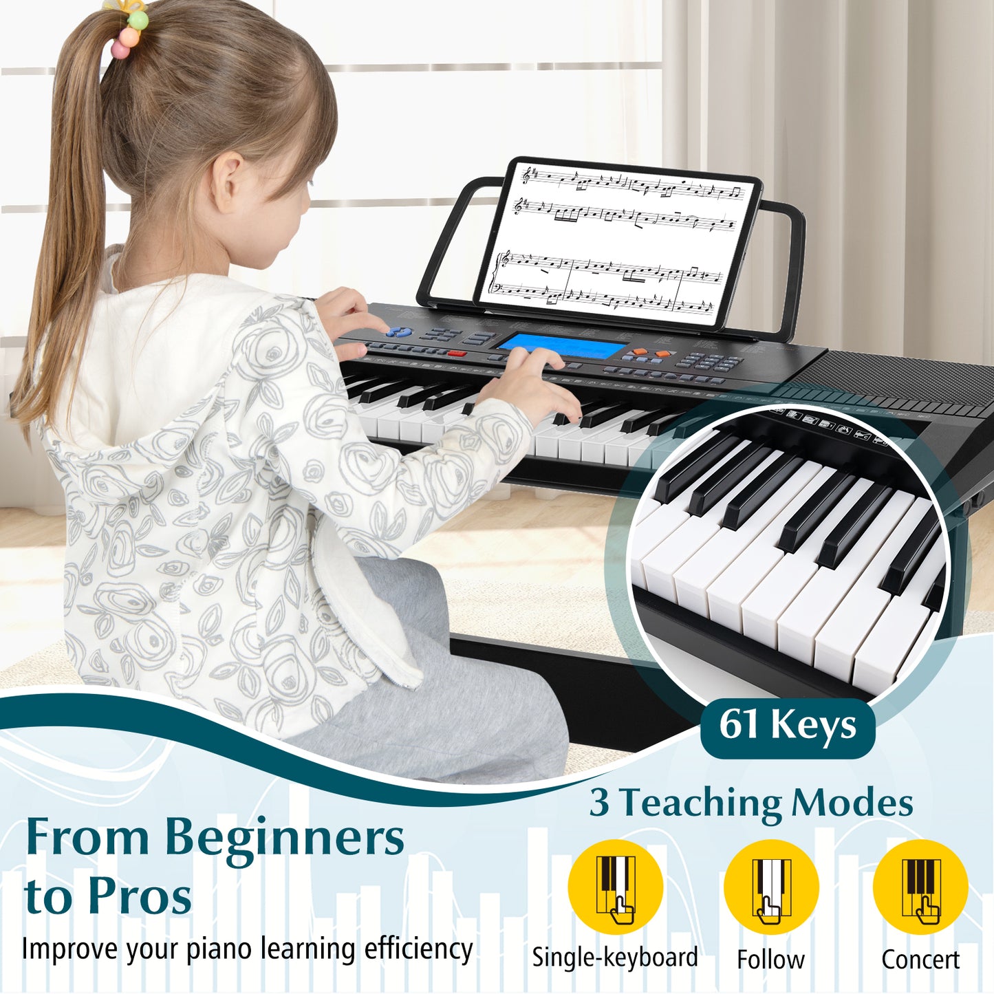 61-Key Electronic Keyboard Piano Starter Set with Stand Bench and Headphones Kids Crystal