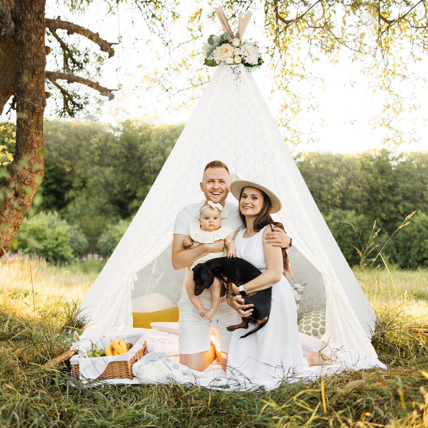 Lace Teepee Tent with Colorful Light Strings for Children Kids Crystal