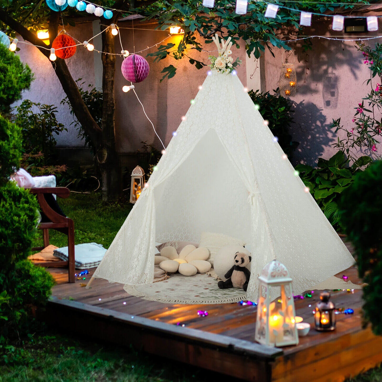 Lace Teepee Tent with Colorful Light Strings for Children Kids Crystal