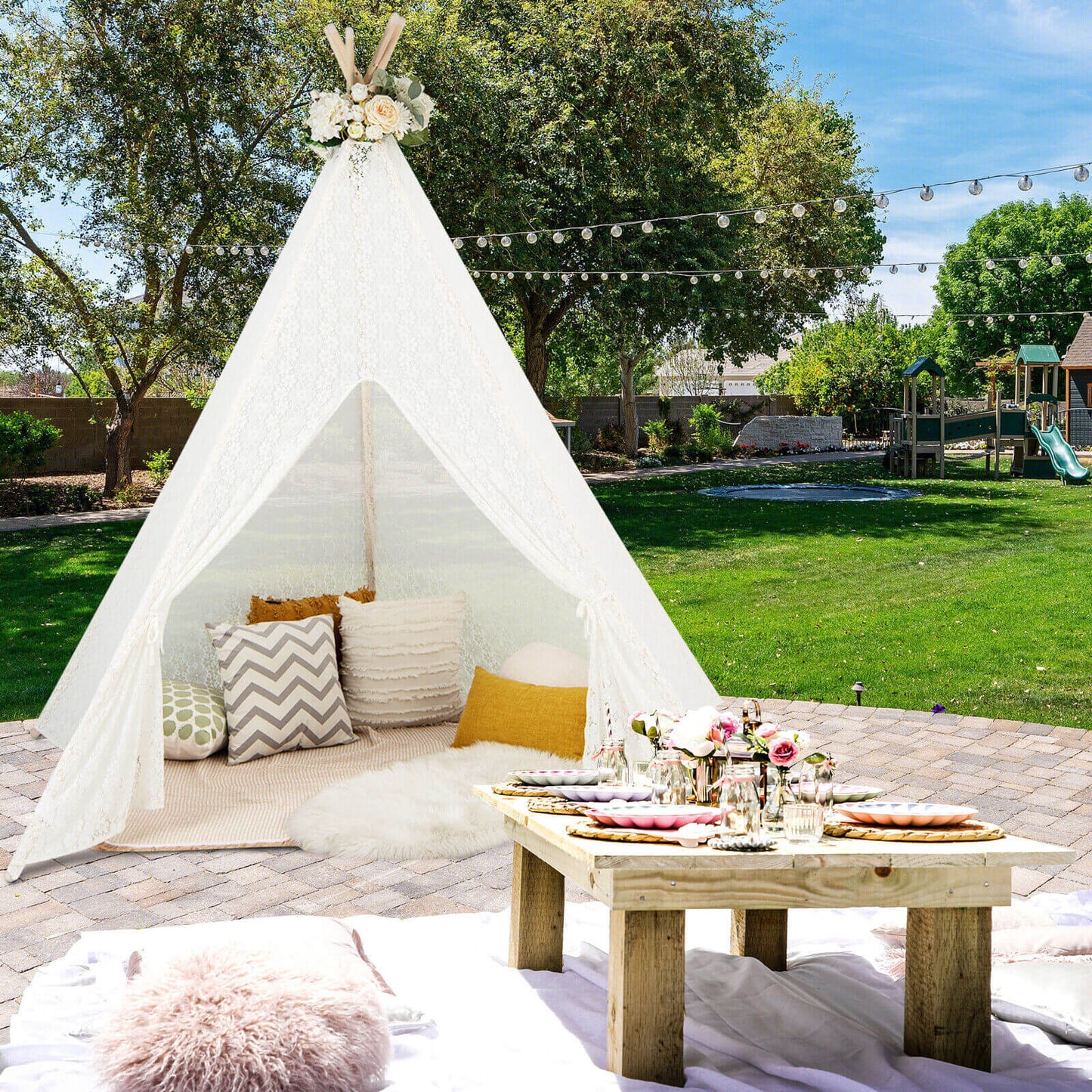 Lace Teepee Tent with Colorful Light Strings for Children Kids Crystal