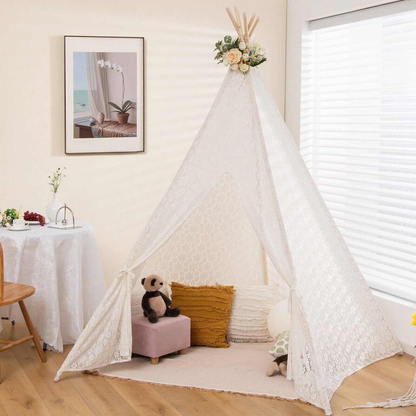 Lace Teepee Tent with Colorful Light Strings for Children Kids Crystal